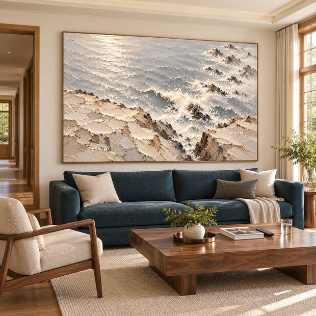 Ivory Gray Hand-Painted 3D Textured Oil Painting, Rocky Seascape Wall Art #3B8T60SA
