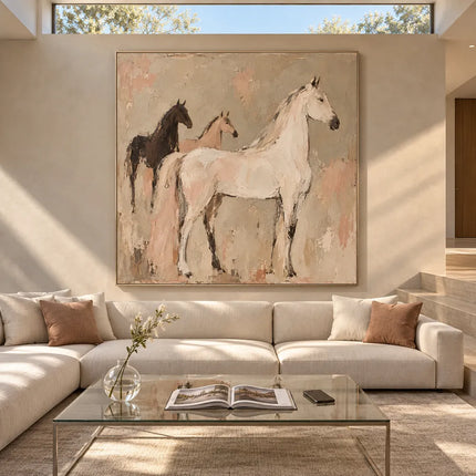 Beige & Cream Hand-Painted Oil Painting, Three Horses in a Modern Equestrian Composition #HIPLCPC8