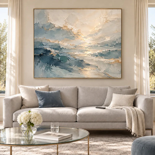 Blue Gray & Ivory Hand-Painted Oil Painting, Abstract Layered Landscape #XI8BIQFA