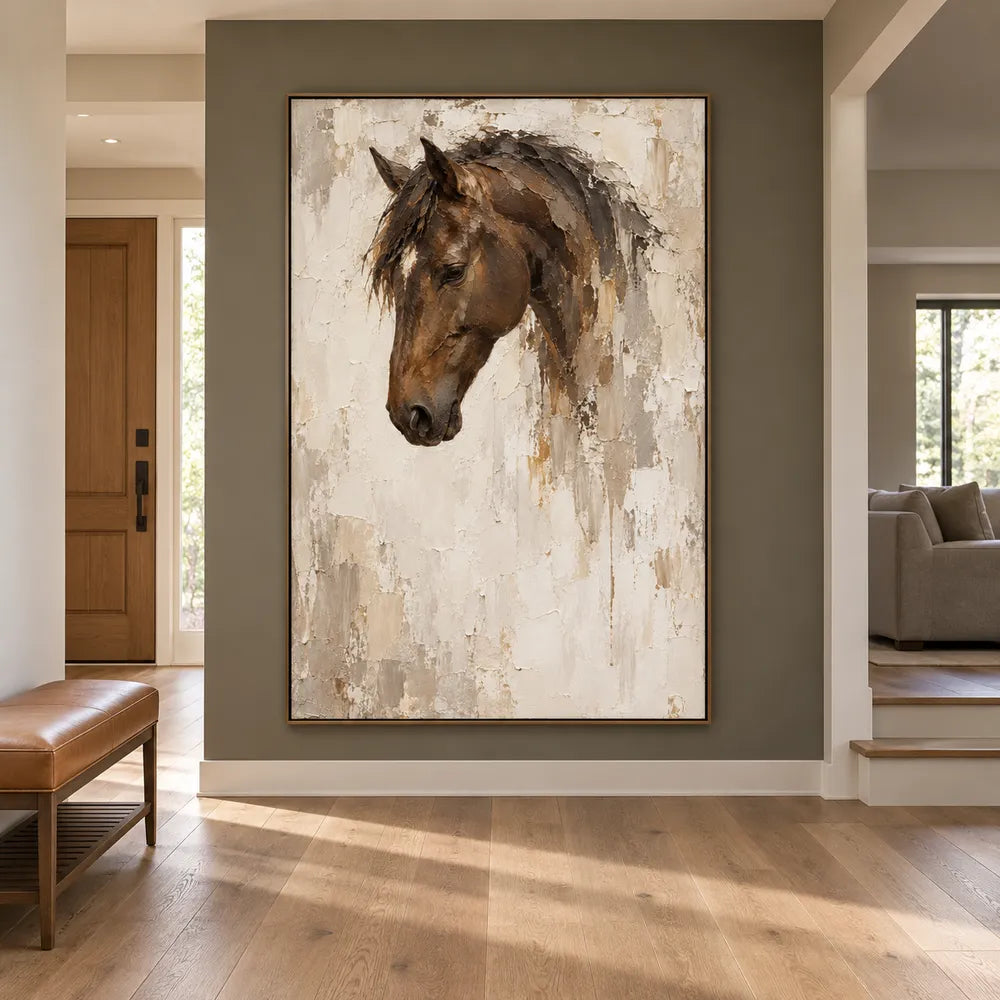 Cream & Brown Hand-Painted Oil Painting, Contemporary Horse Portrait #FOQD7D36