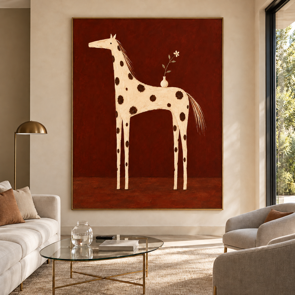 Rust Brown Hand-Painted Oil Painting, Spotted Horse with Flower Vase #N7RLL432