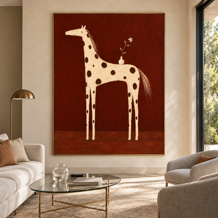 Rust Brown Hand-Painted Oil Painting, Spotted Horse with Flower Vase #N7RLL432