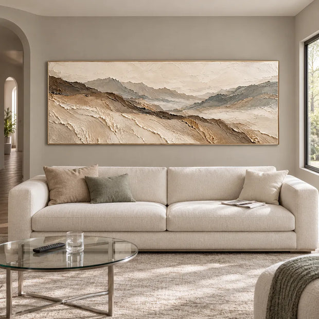 Beige Hand-Painted 3D Textured Oil Painting, Panoramic Mountain Valley #3H35H8YM