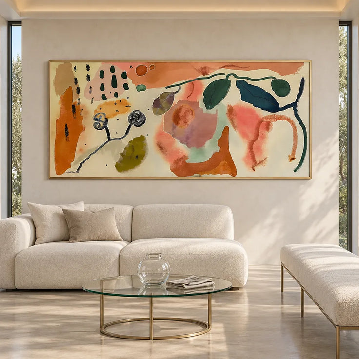 Cream and Terracotta Hand-Painted Oil Painting, Botanical Abstract #R8TB20YJ