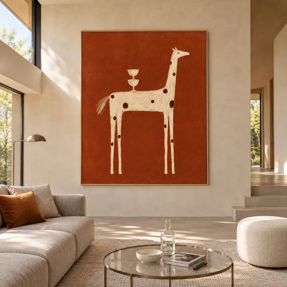 Burnt Orange Hand-Painted Oil Painting, Spotted Horse with Stacked Goblets #ISDV5ZX3