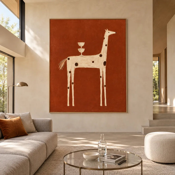 Burnt Orange Hand-Painted Oil Painting, Spotted Horse with Stacked Goblets #ISDV5ZX3