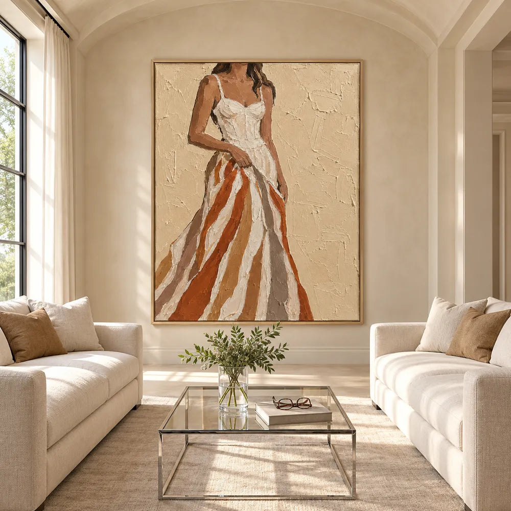 Beige & Rust Hand-Painted Oil Painting, Woman in a Flowing Dress #LMRN0GND