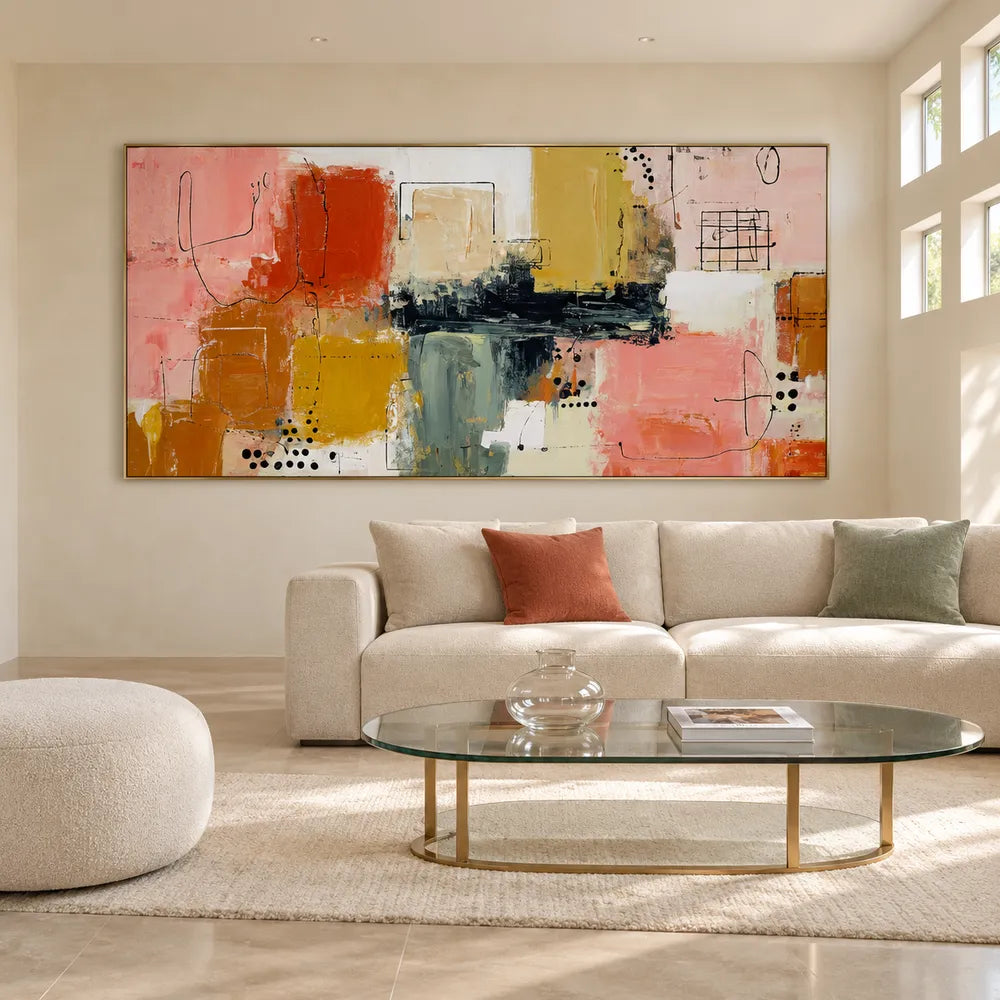 Pink and Ochre Hand-Painted Oil Painting, Graphic Color Block Abstract #7V43Y2LW