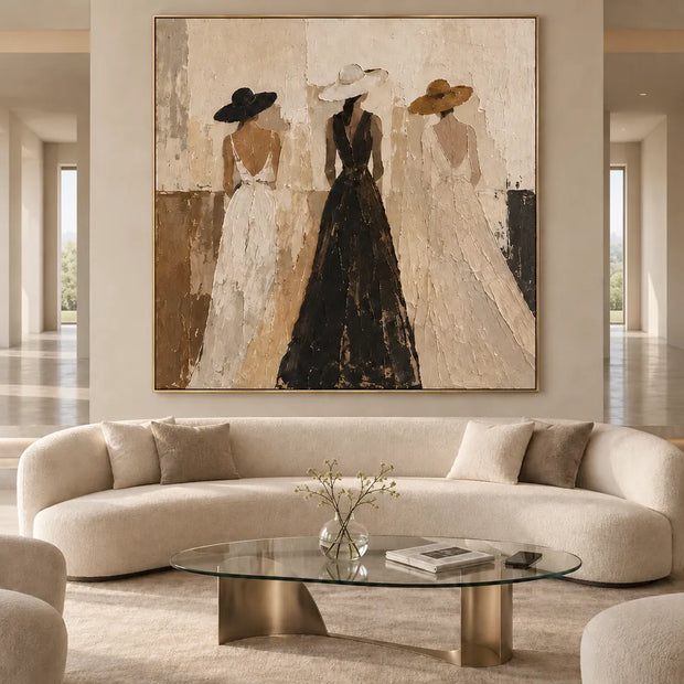 Beige & Cream Hand-Painted Oil Painting, Three Women in Wide-Brim Hats #PGVBMQNS