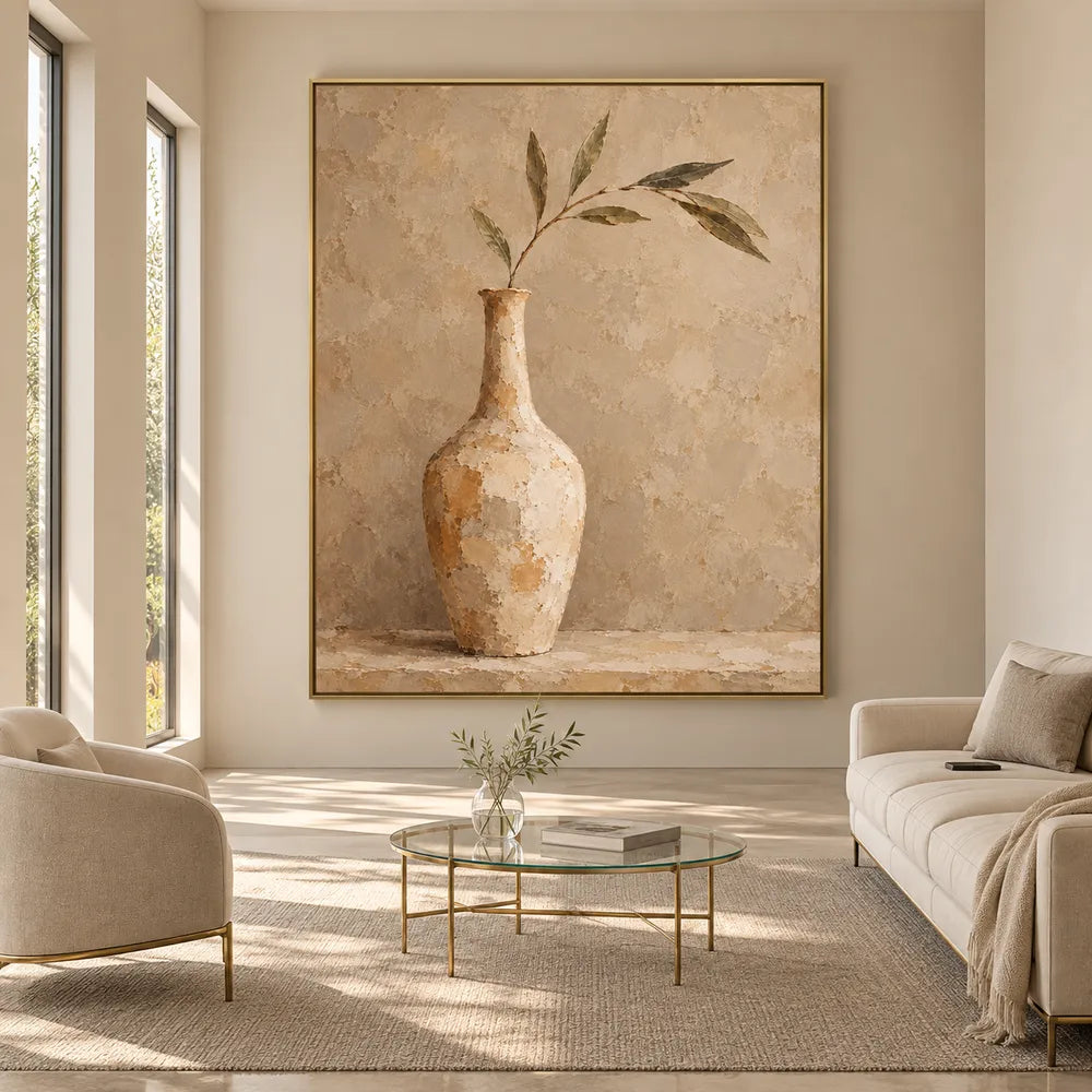 Beige Hand-Painted Oil Painting, Slender Vase with a Leafy Branch #2WV3PKSW