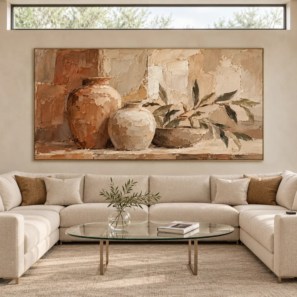 Earth-Tone Hand-Painted Oil Painting, Vases and Leafy Branches #165D1DHX