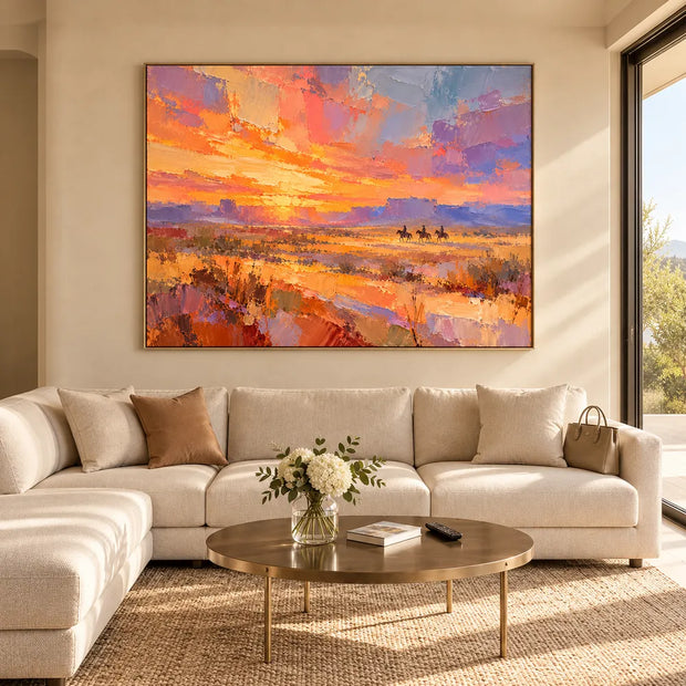 Orange & Lavender Hand-Painted Oil Painting, Three Riders in a Desert Sunset #22PVXDQ6