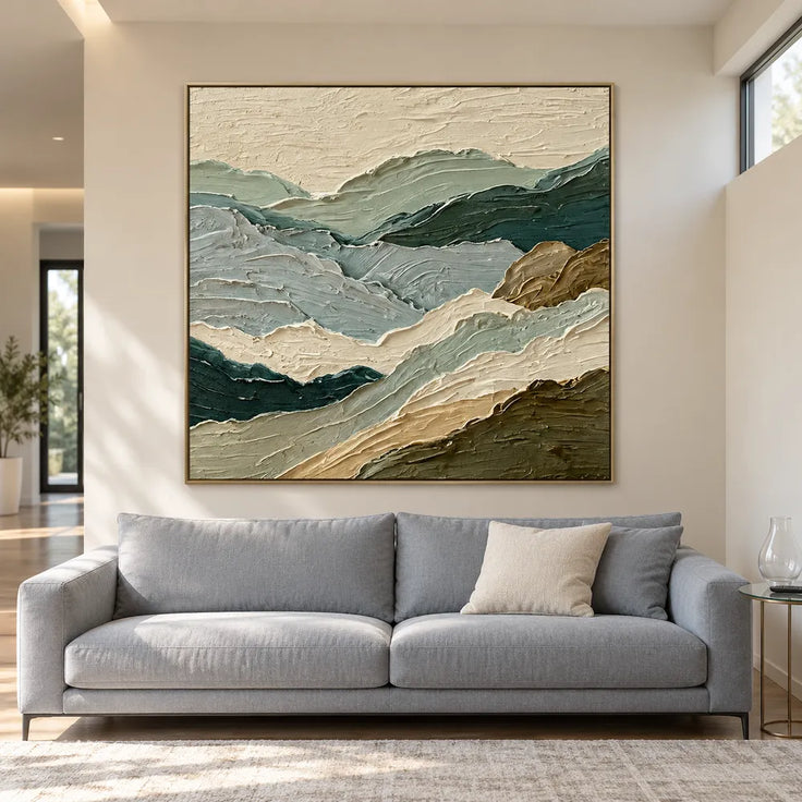 Sage Green Hand-Painted Oil Painting, Layered Mountain Landscape #PWVHIXYY