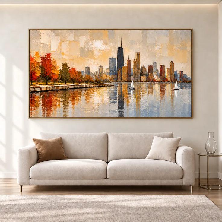 Beige Gold Hand-Painted Oil Painting, Autumn Waterfront Wall Art #CW3XQNK2