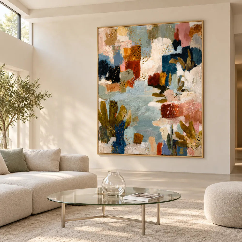 Muted Blue and Warm Neutrals Hand-Painted Oil Painting, Expressive Abstract Color Blocks #Q6Z31DUZ