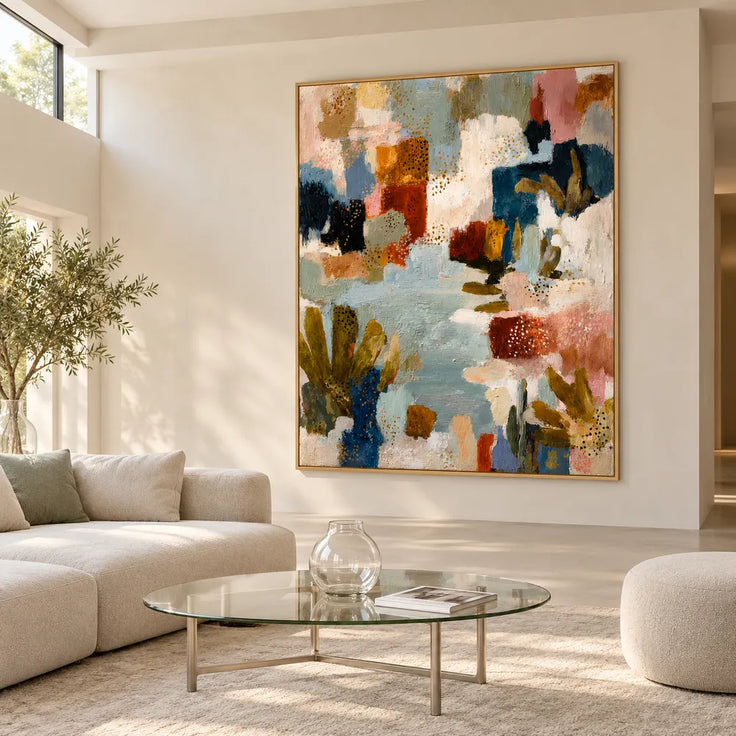 Muted Blue and Warm Neutrals Hand-Painted Oil Painting, Expressive Abstract Color Blocks #Q6Z31DUZ