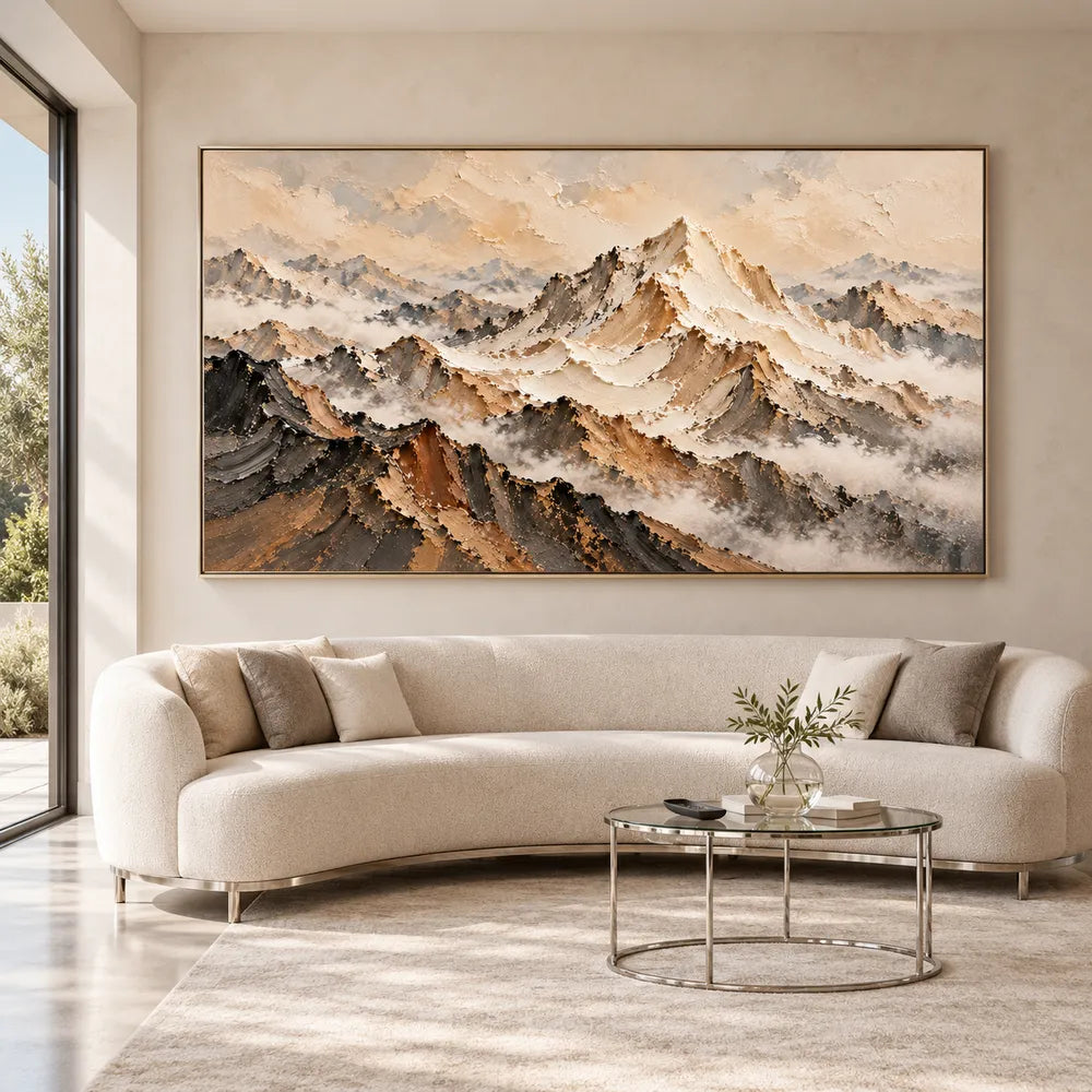 Beige and Charcoal Hand-Painted 3D Textured Oil Painting, Mountain Ridges in Mist #QUDVWPH3