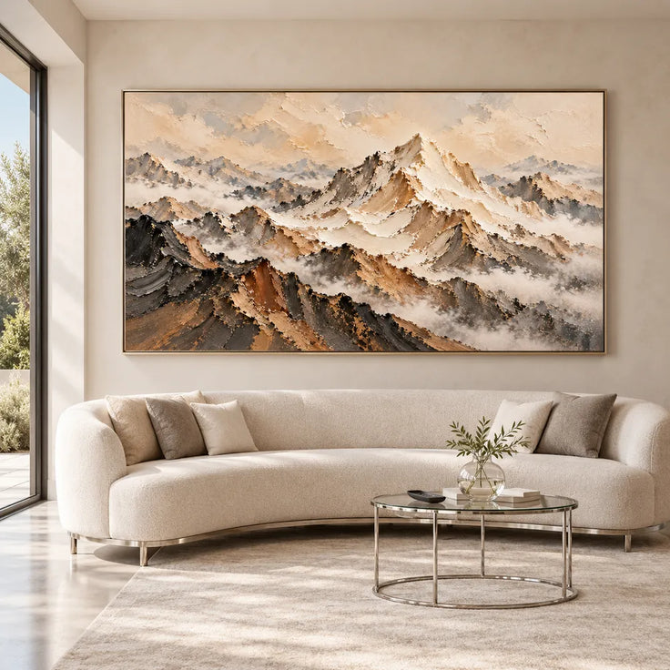 Beige and Charcoal Hand-Painted 3D Textured Oil Painting, Mountain Ridges in Mist #QUDVWPH3