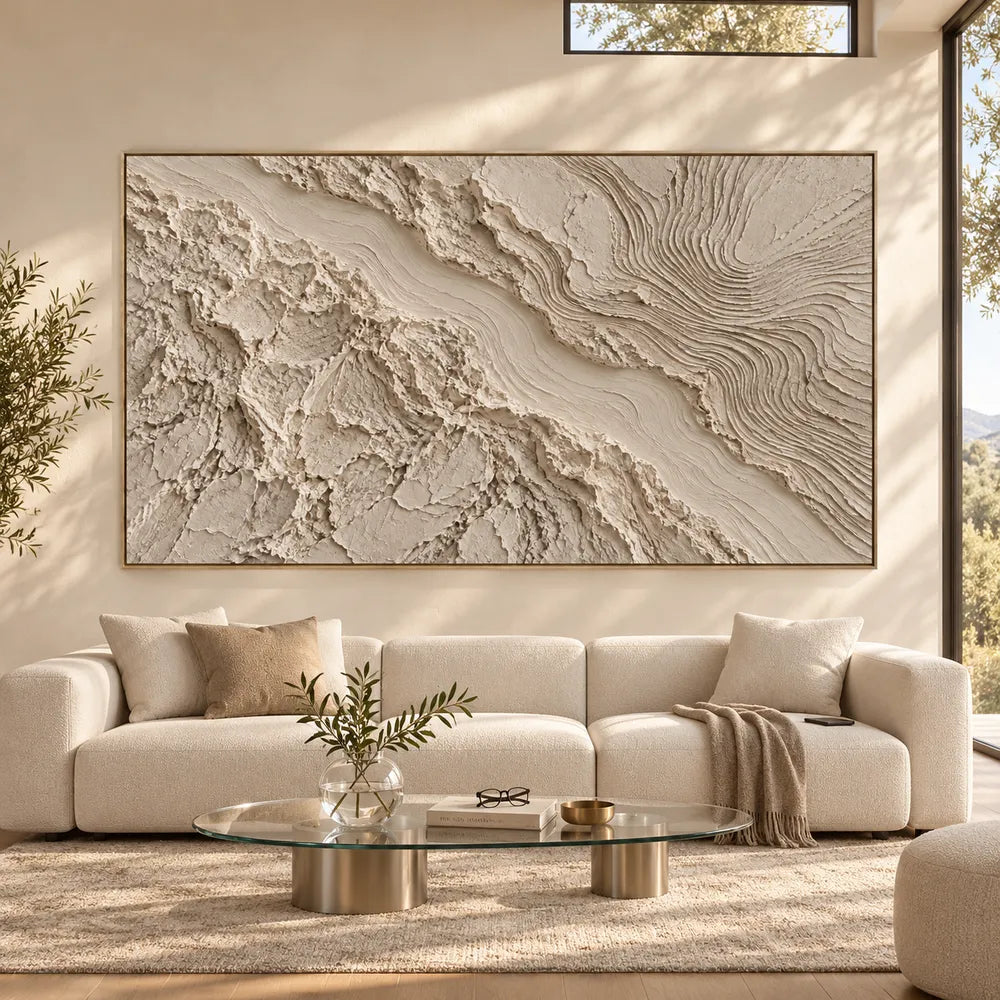 Beige Hand-Painted 3D Textured Oil Painting, Flowing Contour Abstract #A08VGDFU