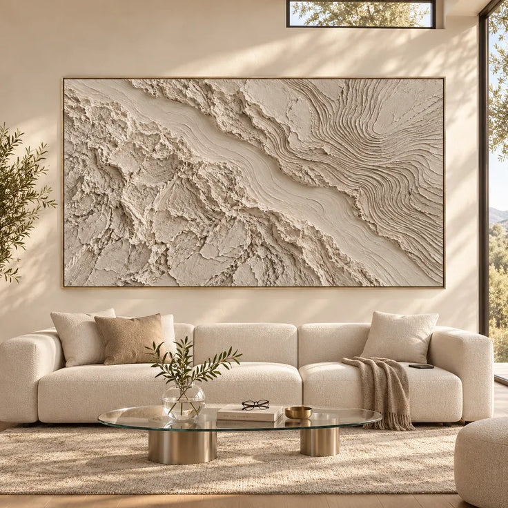 Beige Hand-Painted 3D Textured Oil Painting, Flowing Contour Abstract #A08VGDFU