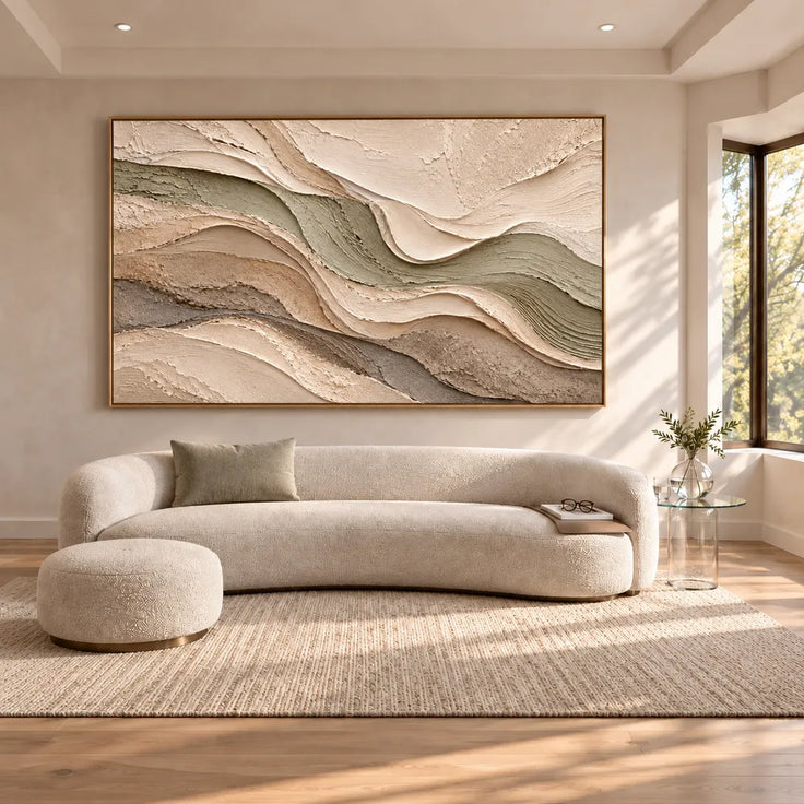 Beige Hand-Painted 3D Textured Oil Painting, Olive and Cream Wave Layers #OF6D6DT0