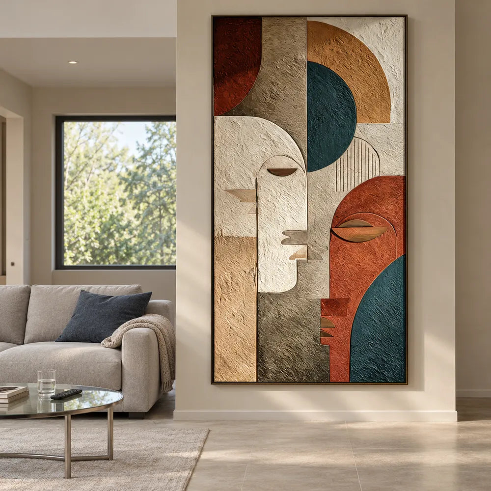 Earth-Tone Hand-Painted 3D Textured Oil Painting, Geometric Faces #PDTZGB6G