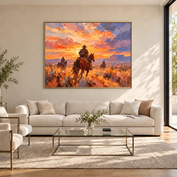 Orange Hand-Painted Oil Painting, Western Riders beneath a Sunset Sky #3T3ZPOIY