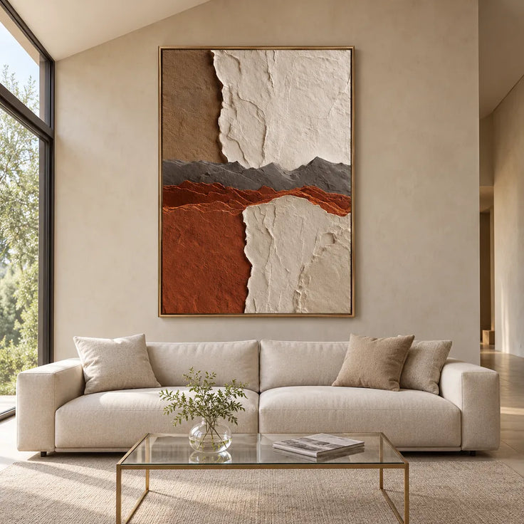 Ivory and Rust Hand-Painted 3D Textured Oil Painting, Layered Ridge Abstract #I8S5QRXD