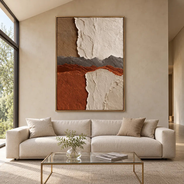 Ivory and Rust Hand-Painted 3D Textured Oil Painting, Layered Ridge Abstract #I8S5QRXD
