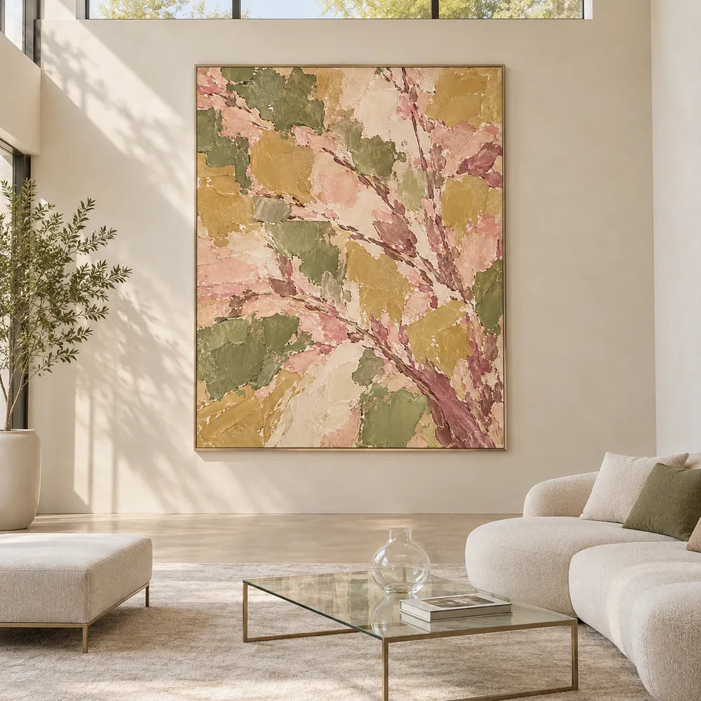 Olive and Blush Hand-Painted Oil Painting, Sweeping Botanical Branches #8PND22D9