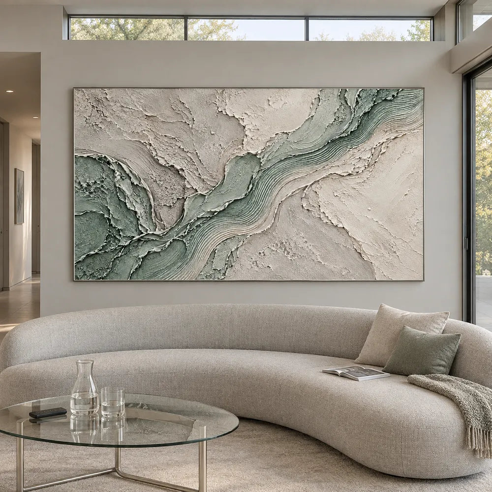 Sage and White Hand-Painted 3D Textured Oil Painting, Flowing Ridges #4SLLXKNH