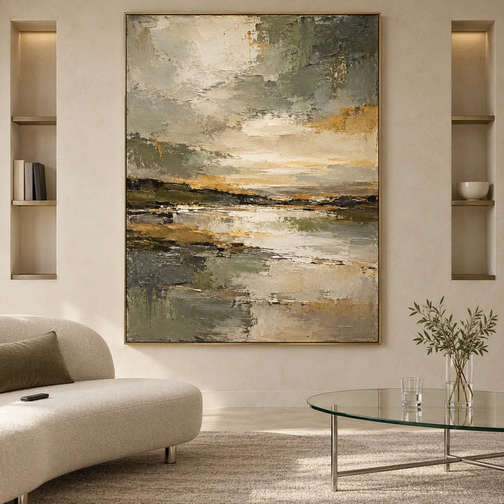Olive Gray Hand-Painted Oil Painting, Abstract Shoreline and Pale Reflection #W805EAVM