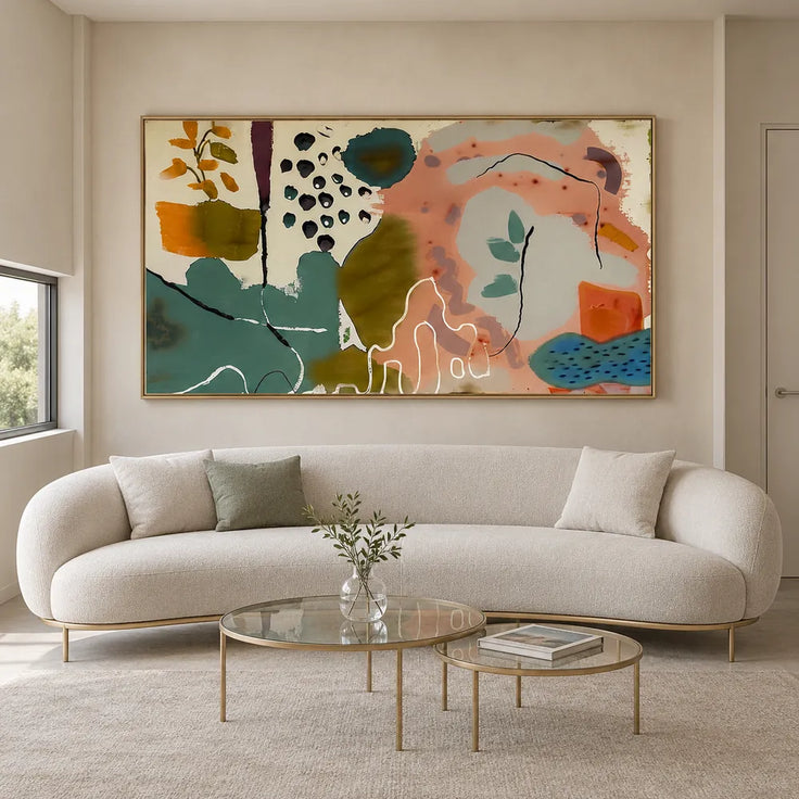 Sage and Peach Hand-Painted Oil Painting, Botanical Abstract #3X3L14J2