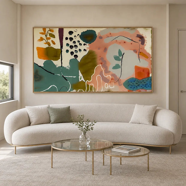 Sage and Peach Hand-Painted Oil Painting, Botanical Abstract #3X3L14J2