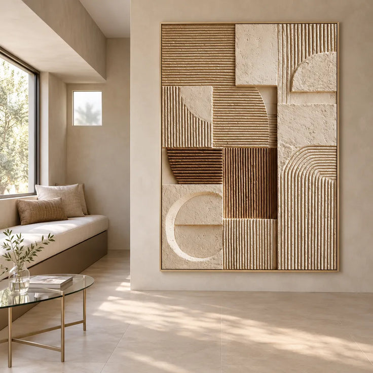 Beige and Brown Hand-Painted 3D Textured Oil Painting, Geometric Groove Abstract #VCDV5N13