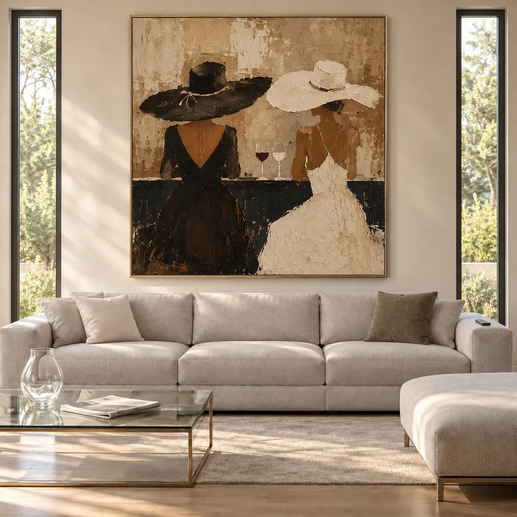 Beige Black Hand-Painted Oil Painting, Two Women in Black and Ivory Dresses #RDT3ONMB