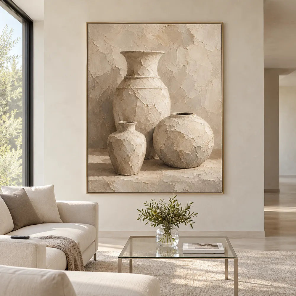 Cream Hand-Painted Oil Painting, Three Vessels on a Pale Ledge #SP4VXF23