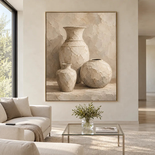 Cream Hand-Painted Oil Painting, Three Vessels on a Pale Ledge #SP4VXF23