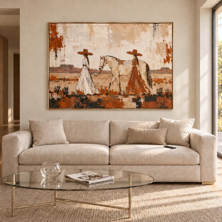Cream & Rust Hand-Painted Oil Painting, Two Women Walking with a Horse #AROTNDU1