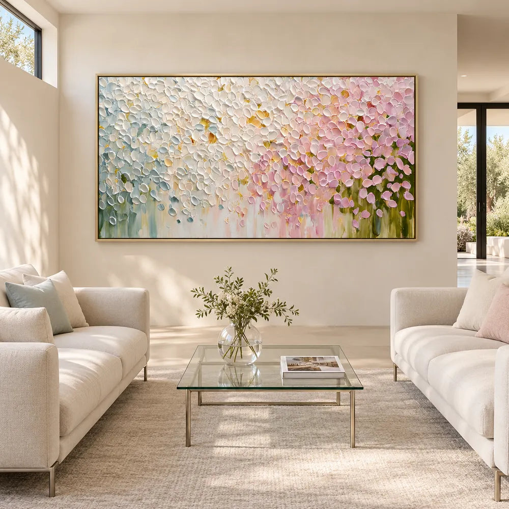 Cream and Pink Hand-Painted Oil Painting, Cascading Floral Petals #AN8LZER5