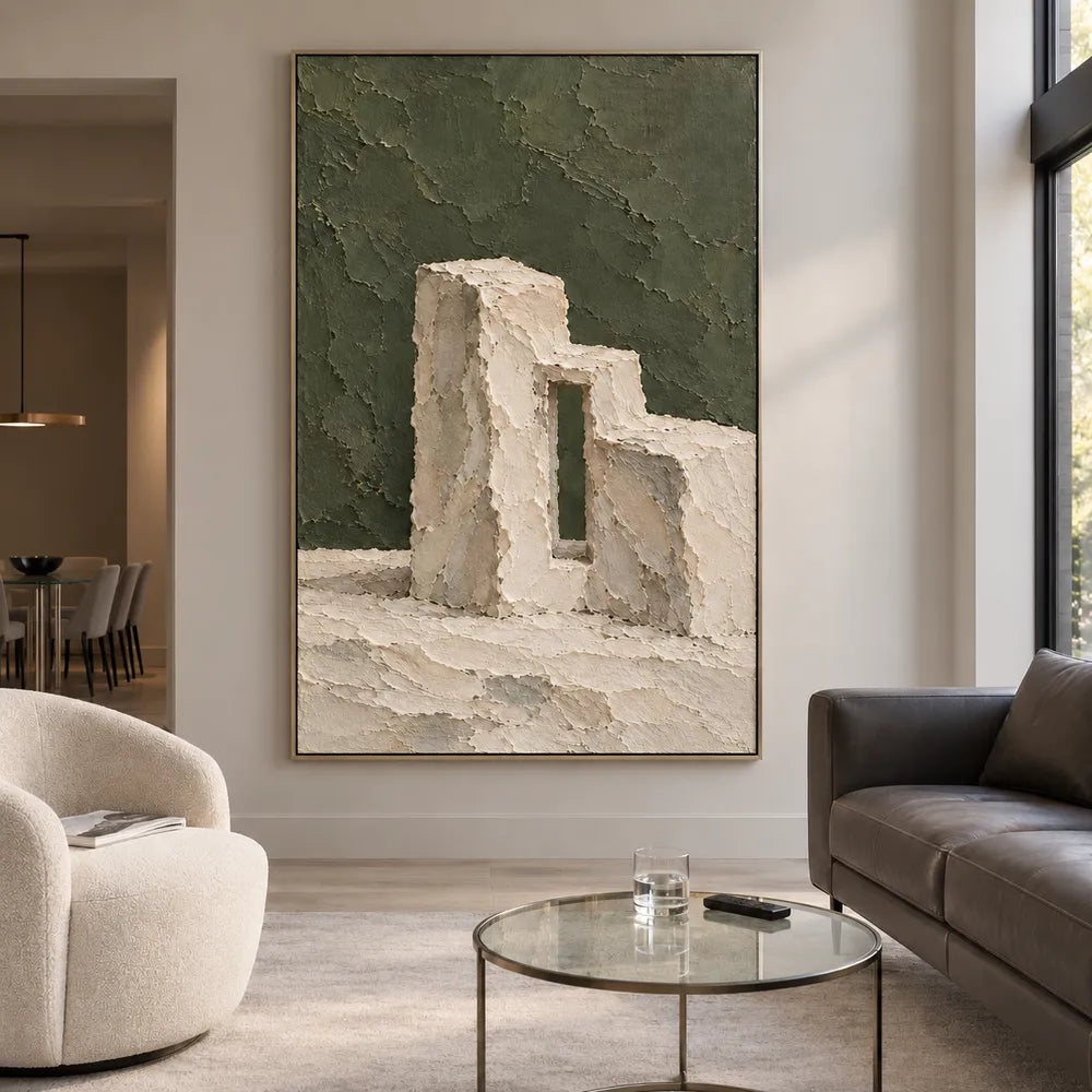 Olive Green Hand-Painted Painting, Cream Stepped Architecture #0MCLXG8H
