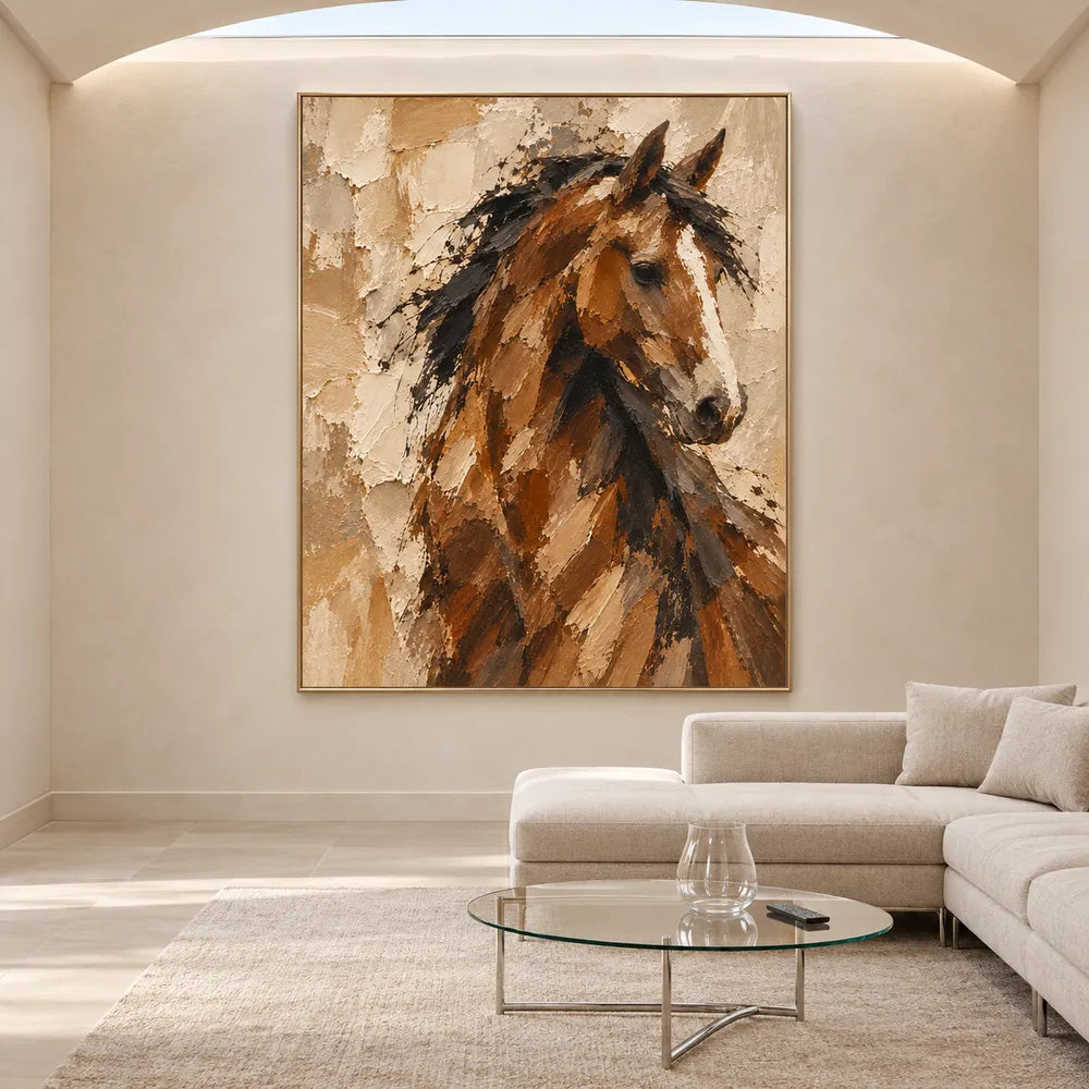 Chestnut Brown Hand-Painted Oil Painting, Expressive Horse Portrait #X4ZDTYL9