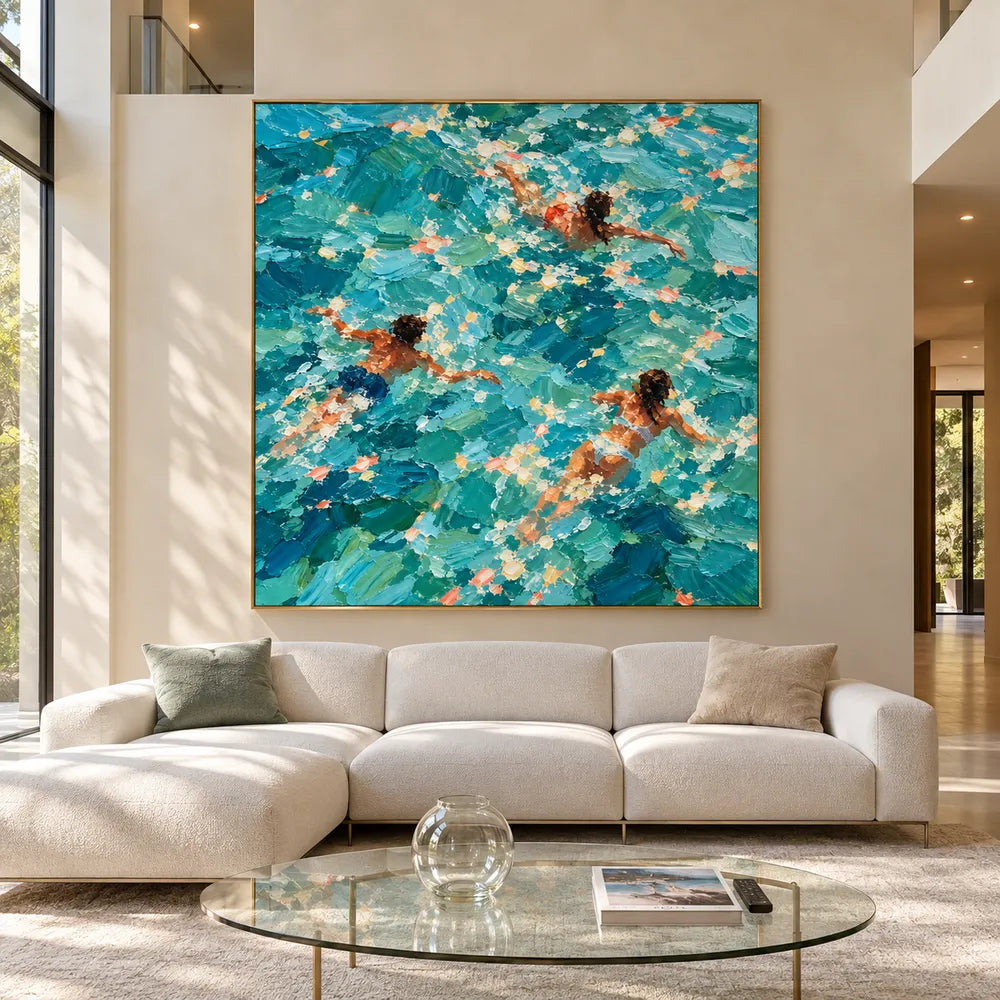 Turquoise Hand-Painted Oil Painting, Three Swimmers Viewed from Above #NL63J63Q