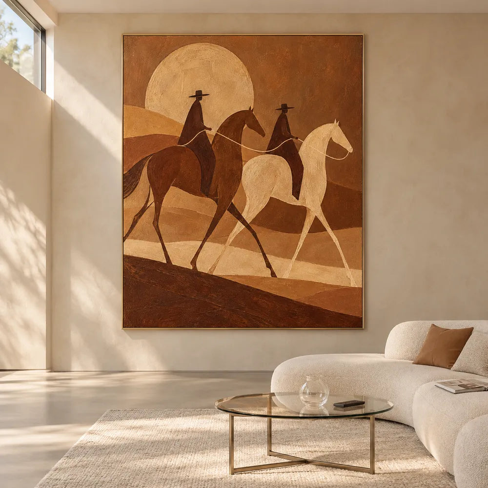Brown Hand-Painted Oil Painting, Two Riders Beneath a Golden Sun #M7HL0PQE
