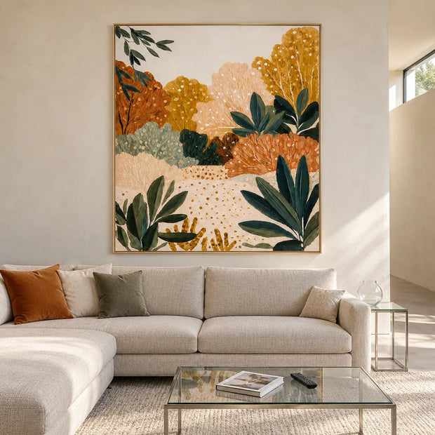 Cream and Ochre Hand-Painted Oil Painting, Stylized Garden Foliage #UATDX9Y6