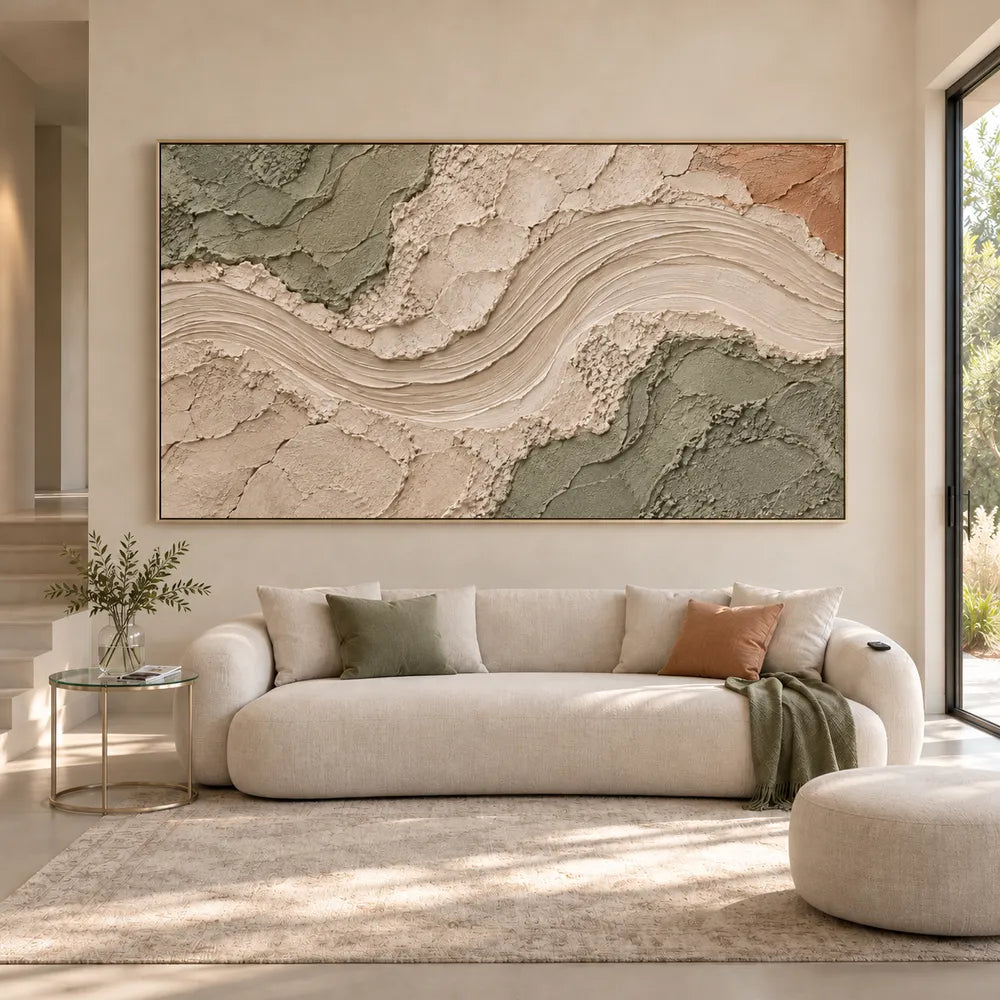 Beige & Sage Hand-Painted 3D Textured Oil Painting, Curved Ribbon Abstract Wall Art #6BLZCD7P