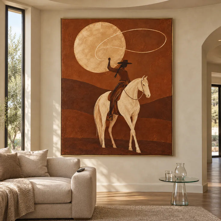 Brown Hand-Painted Oil Painting, Lasso Rider on a Cream Horse #6FDNCBOV