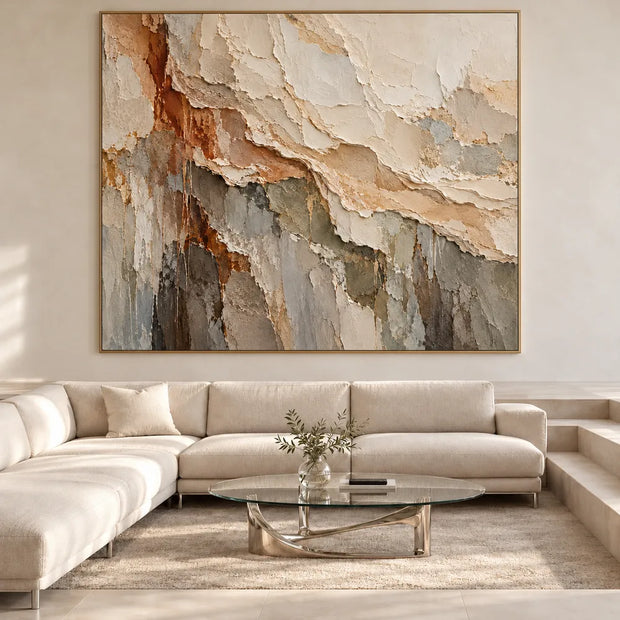 Cream and Gray Hand-Painted 3D Textured Oil Painting, Diagonal Abstract Escarpment #46H337UB