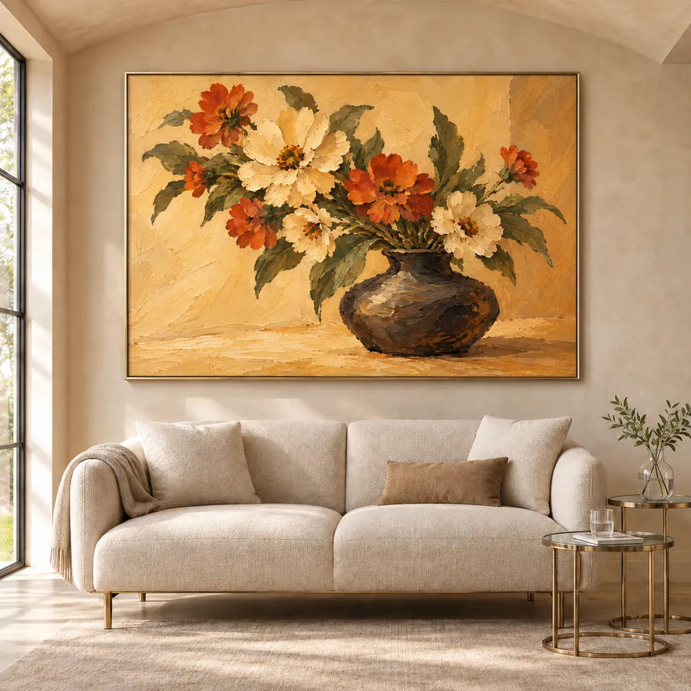 Yellow Hand-Painted Oil Painting, Cream and Orange Floral Bouquet #8FD36JJN