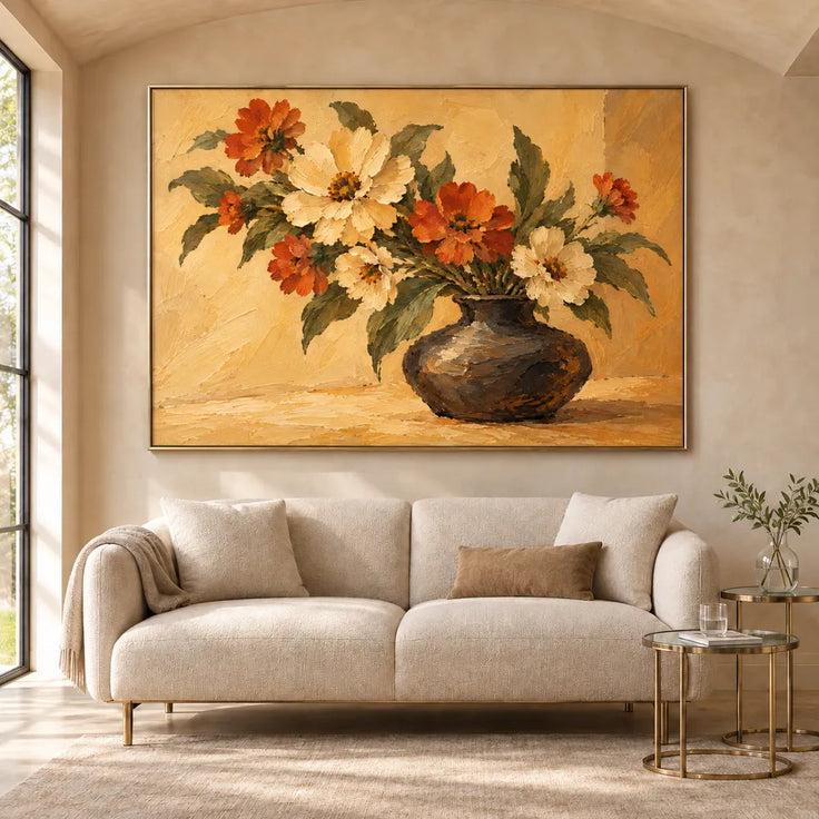 Yellow Hand-Painted Oil Painting, Cream and Orange Floral Bouquet #8FD36JJN